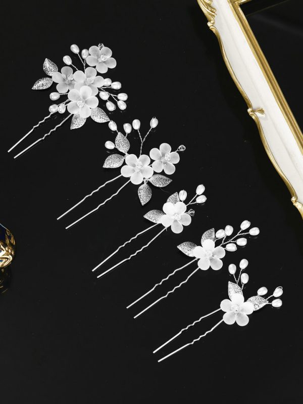 Handmade Flower and Leaf Hairpin for Bride, Chinese Traditional Bun Hairstyle Set with U-shaped Insert Pins for Wedding Ceremony - 图片 5