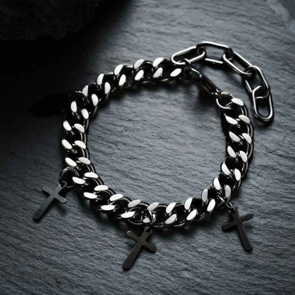 New vintage titanium steel cross pendant set, includes a necklace, bracelet, earrings, and ring. - 图片 11