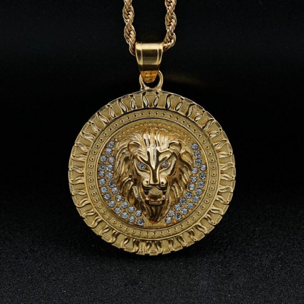 Stainless steel gold-plated dot diamond flame pattern animal lion head pendant - 图片 3