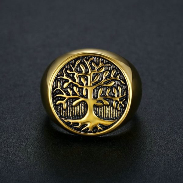 Hip Hop Retro Ring Titanium Steel Gold Plated Oil Tree of Life Men's Ring - 图片 2