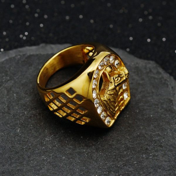 Hiphop Titanium/Stainless Steel Gold-Plated Diamond-Set Horse Head Men's Ring - 图片 2