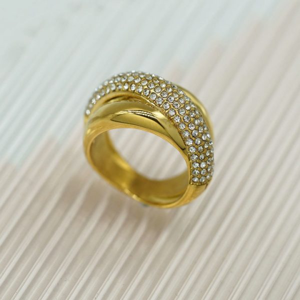 Light Luxury Titanium Steel Ring, 18K Gold Plated Diamond Trilogy Ring - 图片 2