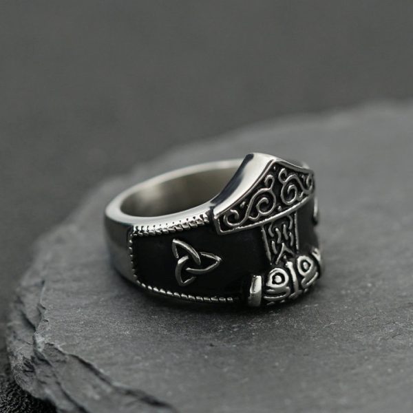Viking Thor's Hammer Titanium Steel Ring, Nordic Viking Rune Triangular Knot Stainless Steel Ring Jewelry - 图片 2