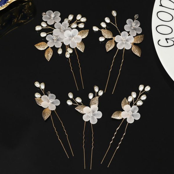 Handmade Flower and Leaf Hairpin for Bride, Chinese Traditional Bun Hairstyle Set with U-shaped Insert Pins for Wedding Ceremony - 图片 6