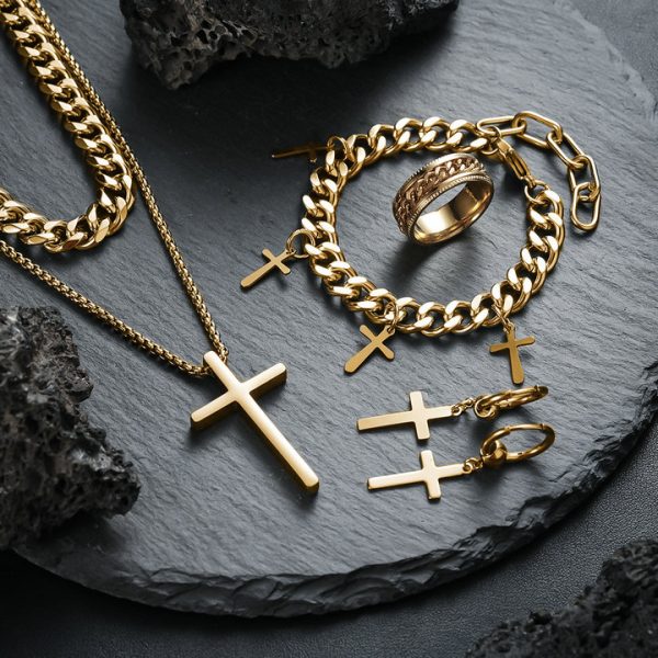 New vintage titanium steel cross pendant set, includes a necklace, bracelet, earrings, and ring. - 图片 12