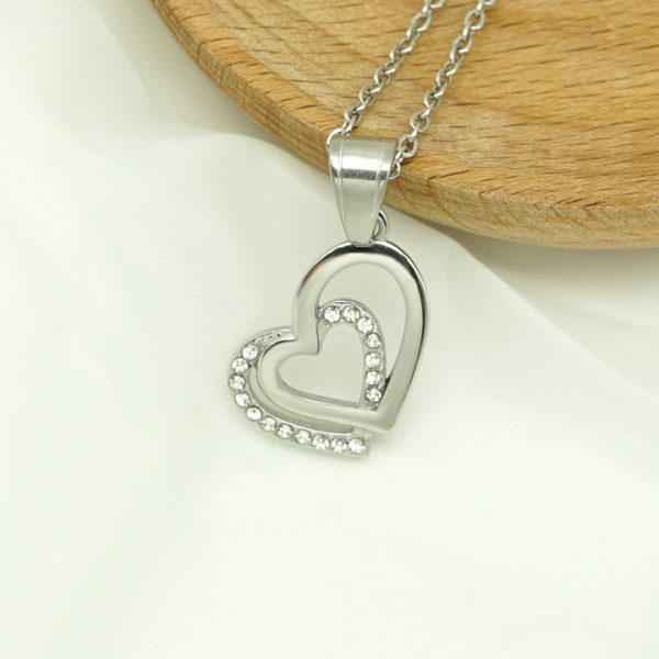 Double heart-to-heart pendant necklace, heart-shaped love titanium steel necklace, high-end versatile inlaid stone - 图片 6