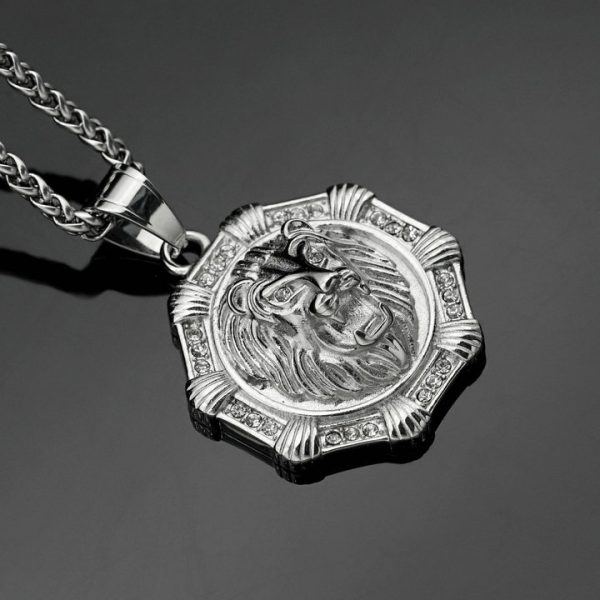 Stainless Steel Octagon Drilled Lion Head Pendant, Hip-Hop Jewelry - 图片 3