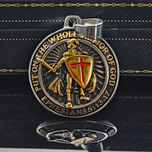 Medieval Templar Red Cross Shield Necklace Titanium Steel Gold Plated Droplet Resin Pendant