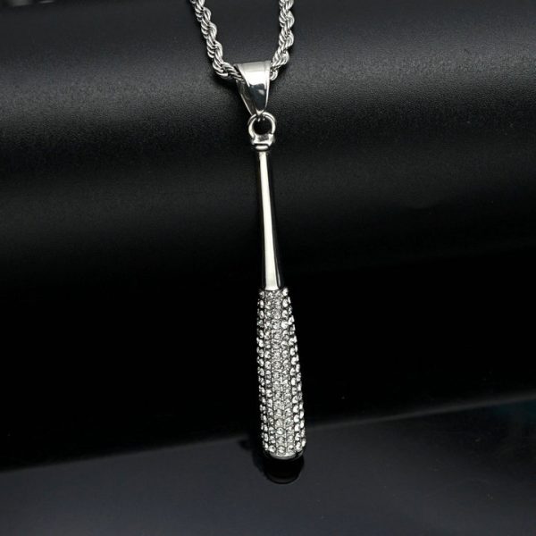 Hiphop Diamond Embellished Baseball Bat Trendy Titanium Steel Pendant - 图片 3