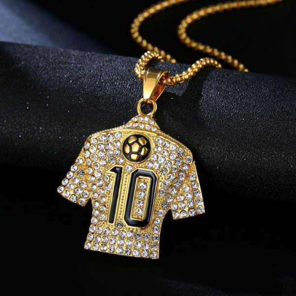 HIPHOP Jewelry Titanium Steel Gold Plated Full Diamond Football Drop No. 10 Jersey Pendant - 图片 3