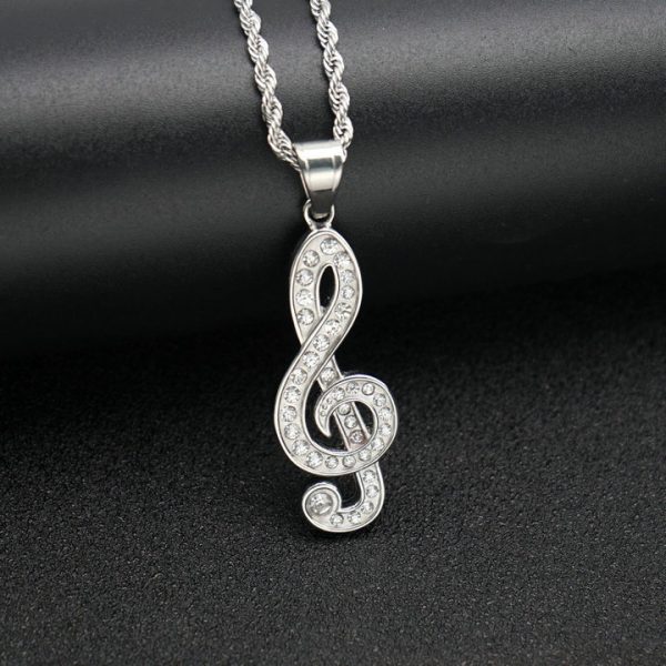 Hatsune Miku Music Note Diamond-Embedded Titanium Steel Pendant Necklace, Hip-Hop Trendy Men's Pendant - 图片 3
