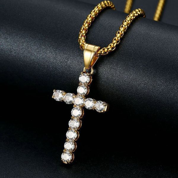 316 stainless steel gold-plated inlaid AAA zircon cross pendant - 图片 2