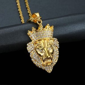 Stainless steel diamond-set crown lion head pendant