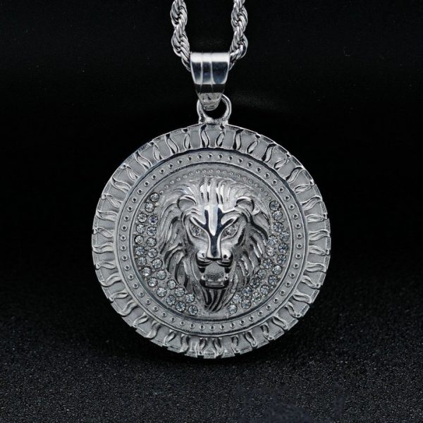 Stainless steel gold-plated dot diamond flame pattern animal lion head pendant - 图片 2