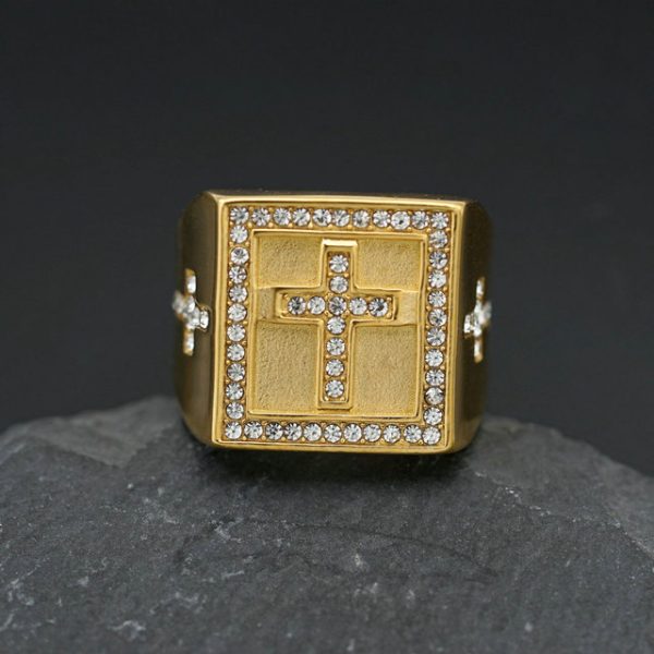 Titanium Steel/Stainless Steel Gold-Plated Diamond Cross Ring Accessory - 图片 2