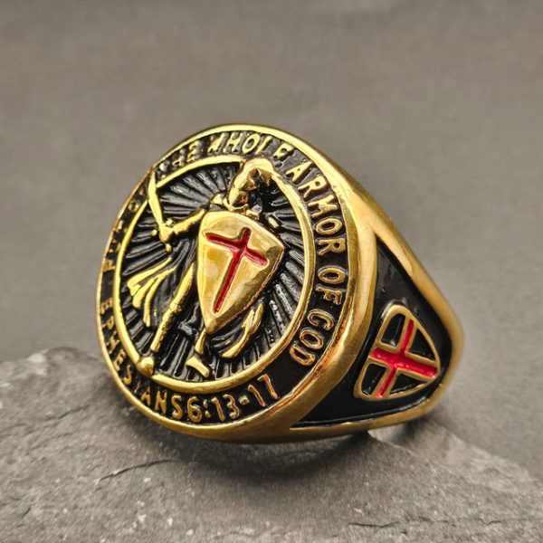 Men's Stainless Steel Gold-Plated Ring, Retro Temple Knight Red Cross Shield Finger Ring - 图片 2