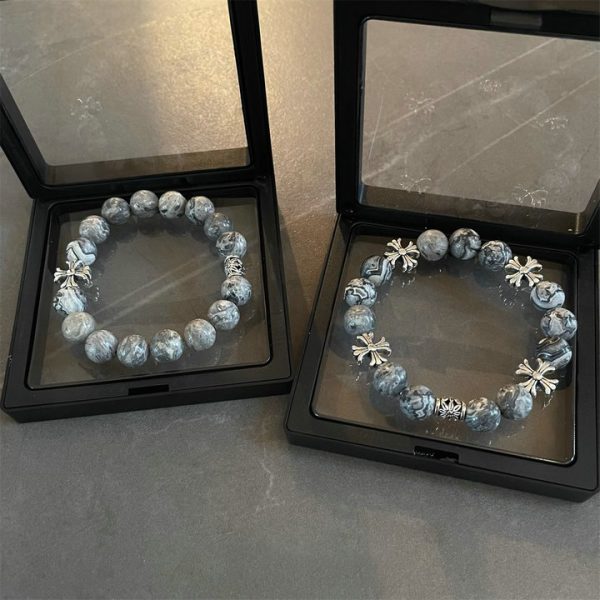 Men's Natural Stone Cross Flower Bracelet, Versatile Retro High-End Hip Hop Street Couple Accessory Fashion Jewelry - 图片 4