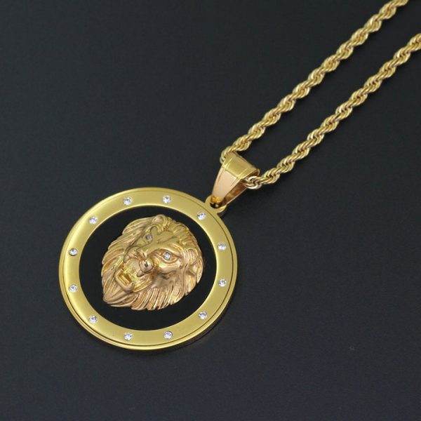 Stainless Steel Vacuum Gold Plated Dot Diamond Animal Lion Head Pendant Necklace - 图片 2