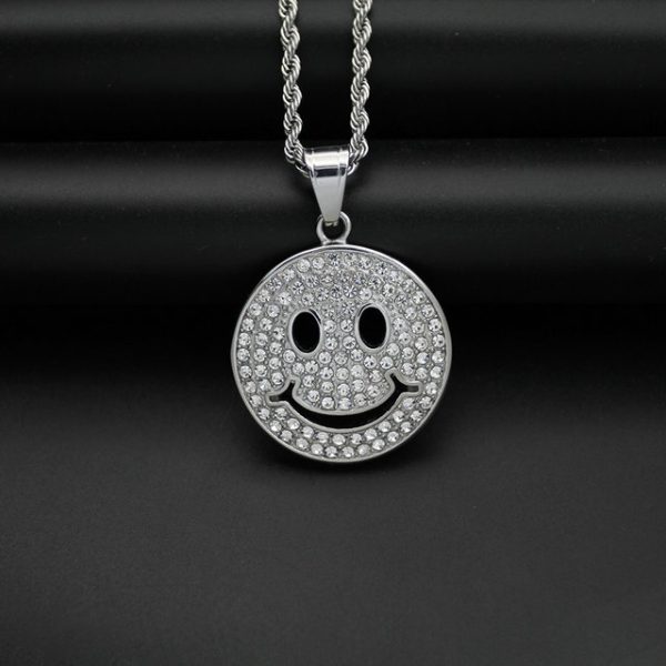 hiphop jewelry titanium steel gold-plated full diamond smiley face symbol pendant - 图片 3