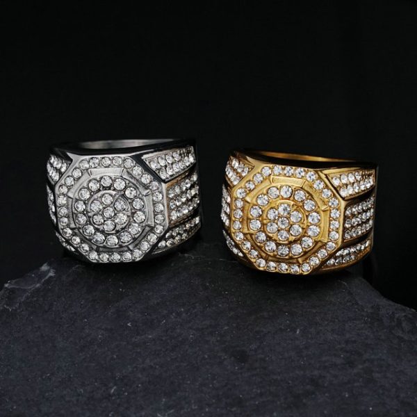 Men's Luxury Diamond-Encrusted Octagonal Stainless Steel Hip Hop Club Ring - 图片 2