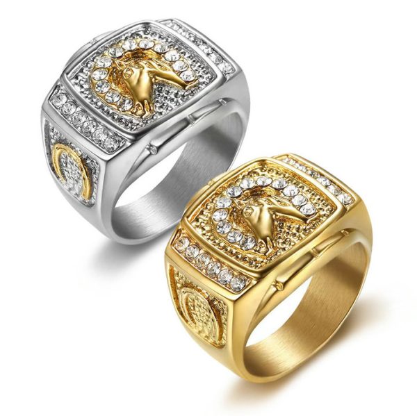 Hip-hop Jewelry, Gold-plated Diamond-studded Horse Head Men's Ring - 图片 7