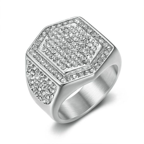 Hip-hop Hiphop Ring, Stainless Steel Gold Plated Full Diamond Ring - 图片 2