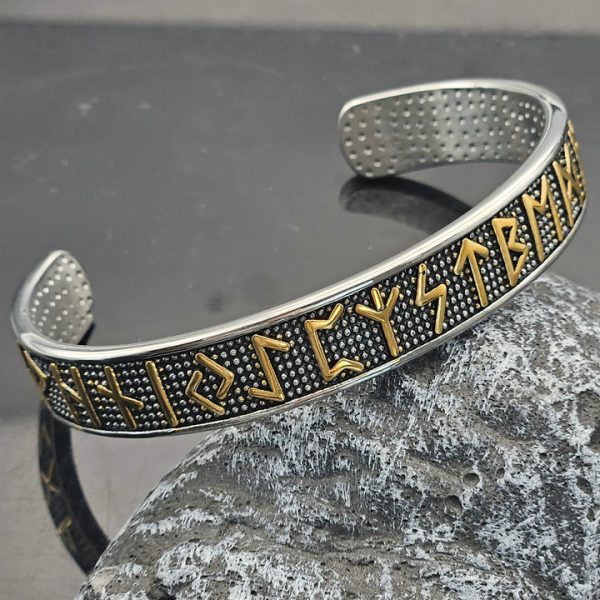Titanium Steel Jewelry, Retro Open Viking Runes Stainless Steel Bangle - 图片 3