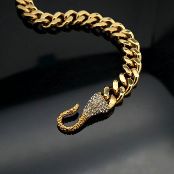 Hip-hop red and green eyes snake-shaped full diamond stainless steel Cuban chain splicing snake head bracelet - 图片 2