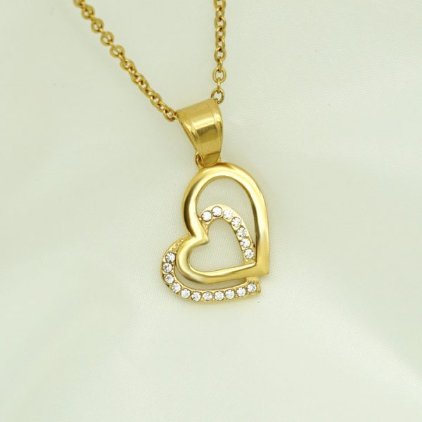 Double heart-to-heart pendant necklace, heart-shaped love titanium steel necklace, high-end versatile inlaid stone - 图片 4
