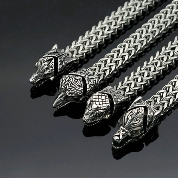 Viking-style stainless steel bracelet from Nordic, punk retro series featuring wolf, snake and eagle heads with thick chains on both sides - 图片 5