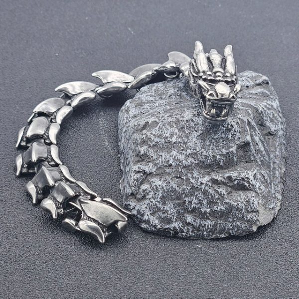 Retro Dragon Head and Spine Bracelet, Majestic Titanium Steel Dragon Shape with Dragon Scale Bracelet - 图片 4
