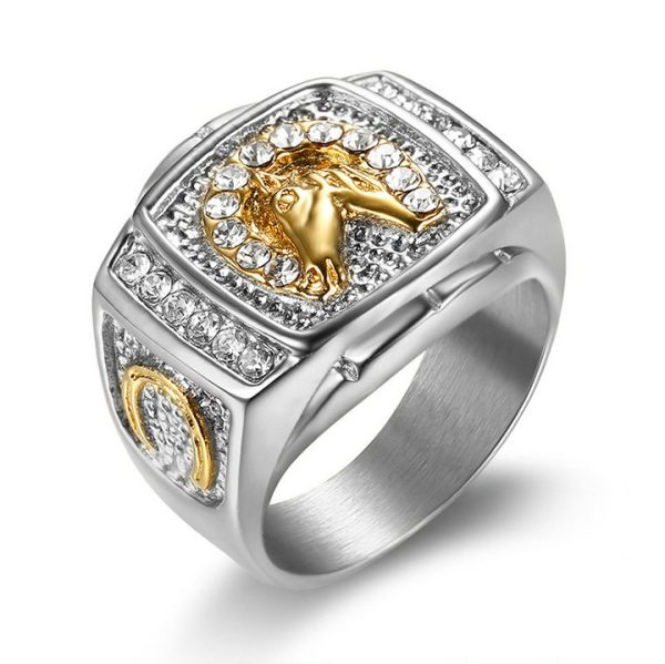 Hip-hop Jewelry, Gold-plated Diamond-studded Horse Head Men's Ring - 图片 2