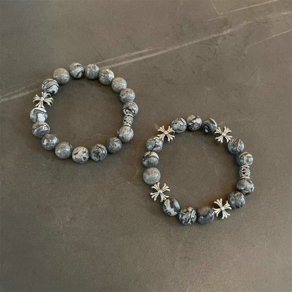 Men's Natural Stone Cross Flower Bracelet, Versatile Retro High-End Hip Hop Street Couple Accessory Fashion Jewelry - 图片 3
