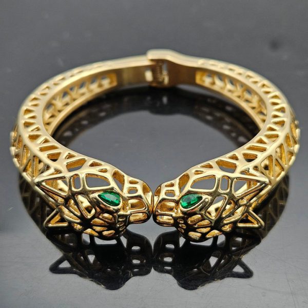 Retro hollow-out double-headed leopard green eyes bracelet - 图片 2