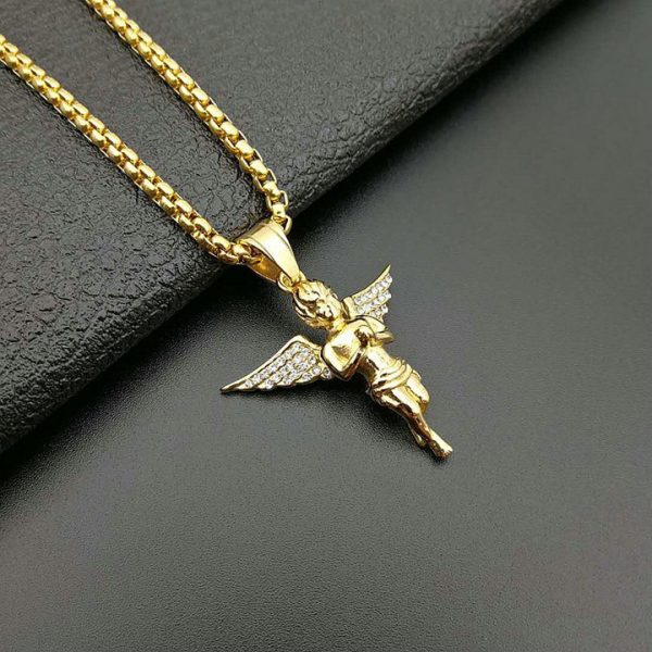 Titanium steel gold-plated diamond-set prayer angel pendant - 图片 5