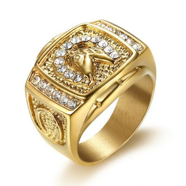 Hip-hop Jewelry, Gold-plated Diamond-studded Horse Head Men's Ring - 图片 3