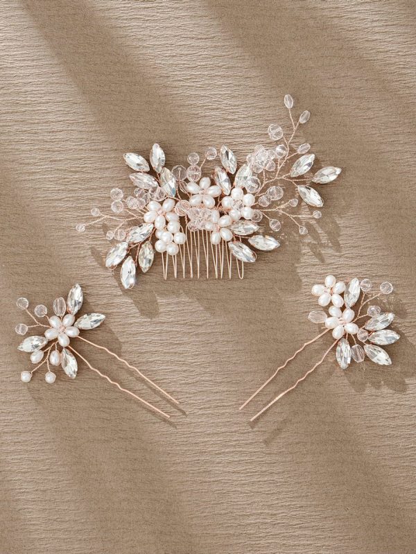 Handmade Comb Set for European and American Weddings, Versatile Hair Accessories with Rhinestones, Pearls, Floral Hair Pins and Combs - 图片 3