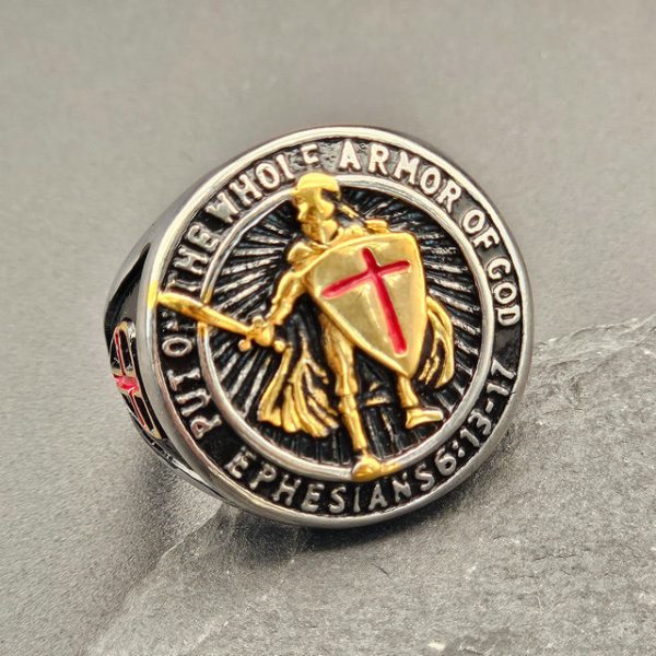 Men's Stainless Steel Gold-Plated Ring, Retro Temple Knight Red Cross Shield Finger Ring - 图片 4