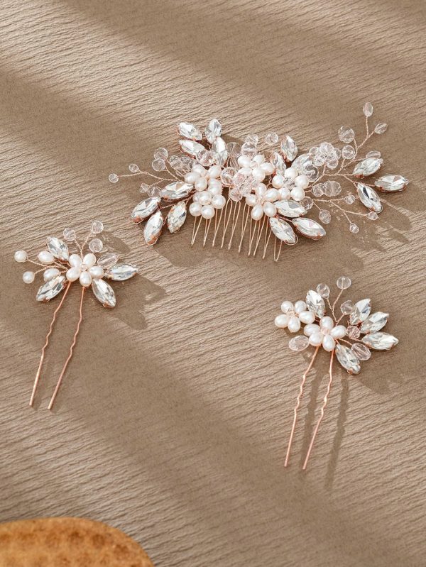 Handmade Comb Set for European and American Weddings, Versatile Hair Accessories with Rhinestones, Pearls, Floral Hair Pins and Combs - 图片 2