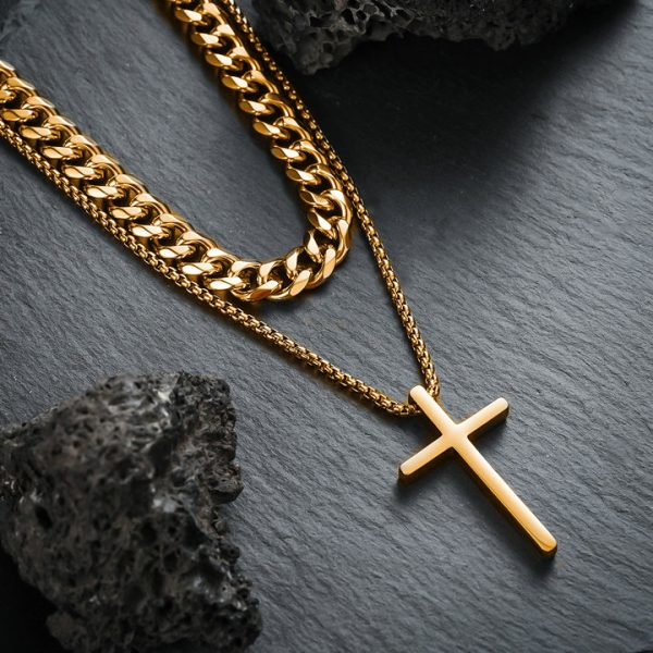 New vintage titanium steel cross pendant set, includes a necklace, bracelet, earrings, and ring.