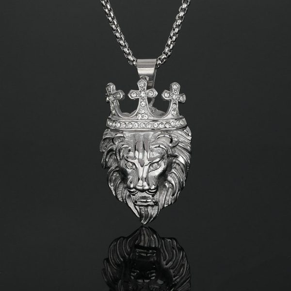 Stainless Steel Diamond-Embedded Crown Lion Head Pendant - 图片 2