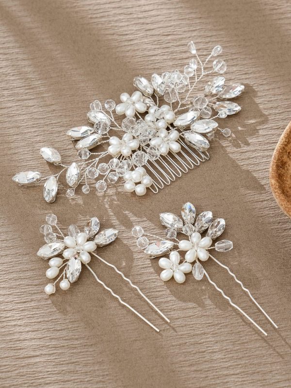 Handmade Comb Set for European and American Weddings, Versatile Hair Accessories with Rhinestones, Pearls, Floral Hair Pins and Combs - 图片 4
