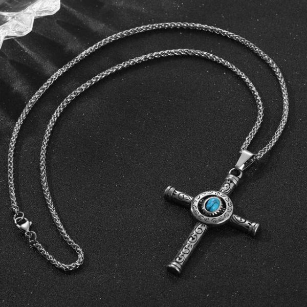Titanium steel European and American pendant, noble scepter cross necklace, turquoise men's pattern pendant - 图片 4