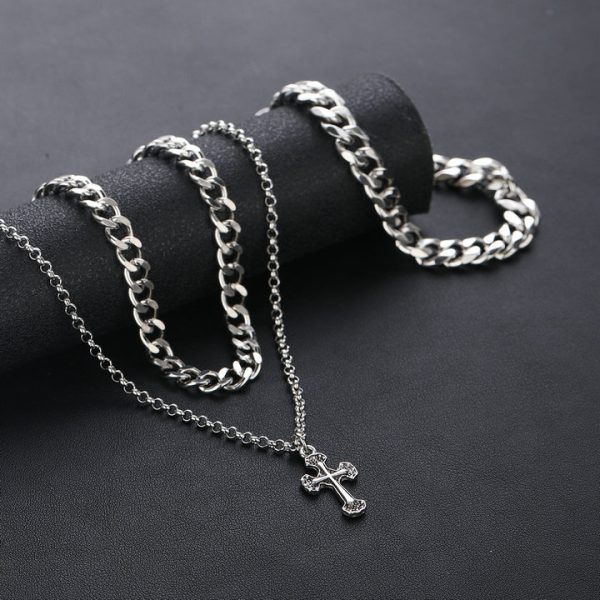 Vintage cross titanium Cuban chain necklace set, personalized double-layer necklace, hip-hop street collar chain, minimalist design - 图片 4