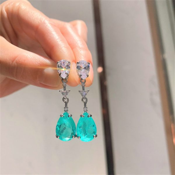 Fashion Jewelry Simulated Colorful Gemstone European-Style Inlaid Fake Paraiba Earrings and Pendant Set, 10*14mm Choker Necklace - 图片 3