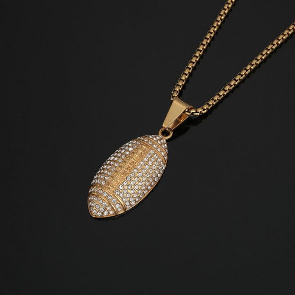 Hip-hop Jewelry Stainless Steel Gold Plated Diamond Embedded Football Pendant Necklace - 图片 3