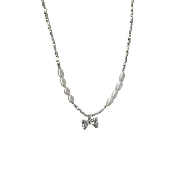 S925 Sterling Silver Bow Freshwater Pearl Shredded Silver Necklace - 图片 6