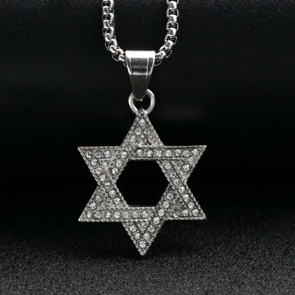Stainless Steel Full Diamond Hexagram Pendant Necklace, Star of David Jewish Religious Ornament - 图片 2