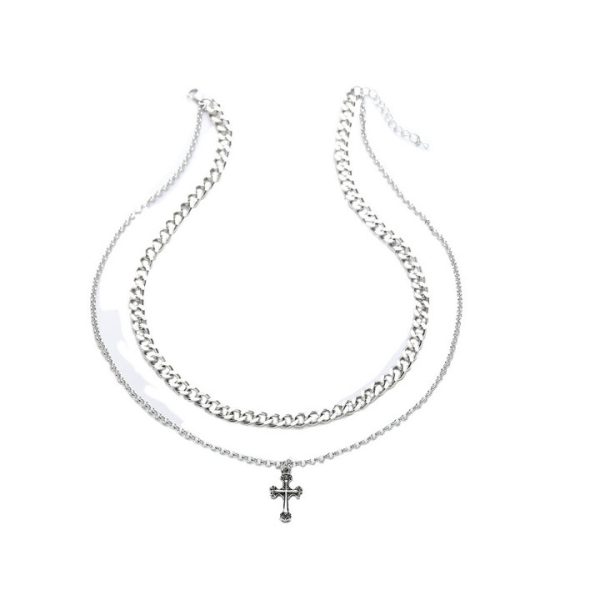Vintage cross titanium Cuban chain necklace set, personalized double-layer necklace, hip-hop street collar chain, minimalist design - 图片 7