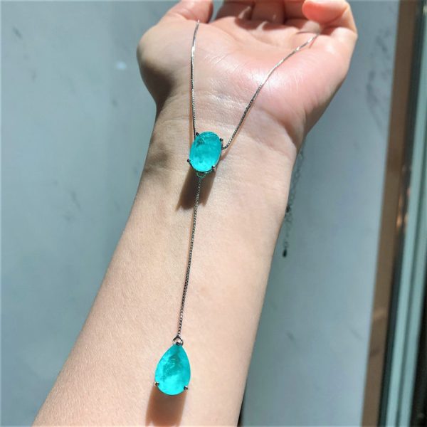 Fashion Jewelry Simulated Colorful Gemstone European-Style Inlaid Fake Paraiba Earrings and Pendant Set, 10*14mm Choker Necklace - 图片 2